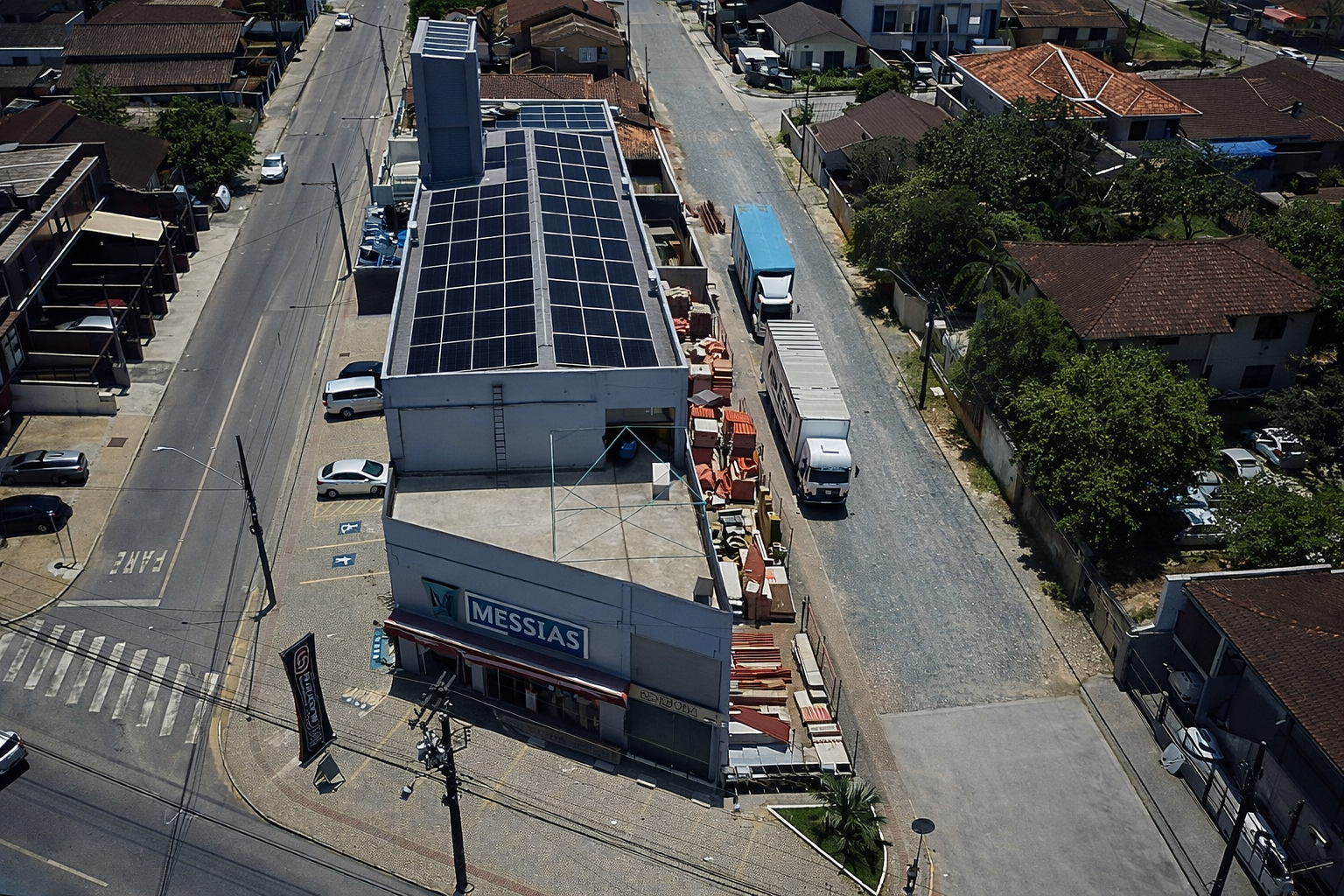 Usina solar instalada no telhado da loja Messias, vista aérea